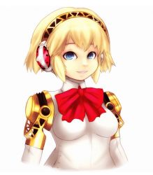 Rule 34 | 1girl, aegis (persona), android, bad id, bad tumblr id, blonde hair, blue eyes, bow, breasts, headphones, joints, mato spectoru, megami tensei, no nipples, persona, persona 3, robot joints, shin megami tensei, short hair, smile, solo, upper body