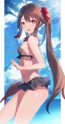 Rule 34 | 1girl, :d, absurdres, ahoge, bare arms, bare shoulders, bikini, black bikini, breasts, brown hair, commentary, genshin impact, groin, hair ornament, hair scrunchie, highres, hu tao (genshin impact), long hair, looking at viewer, no headwear, open mouth, red eyes, red scrunchie, scrunchie, small breasts, smile, snozaki, solo, standing, stomach, swimsuit, thighs, twintails, very long hair