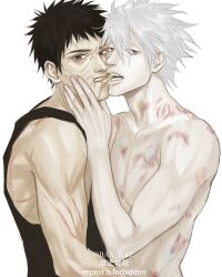 Rule 34 | 2boys, bite mark, black hair, couple, grey hair, hand on another&#039;s face, hatake kakashi, hickey, highres, lip biting, looking at viewer, male focus, mole, mole under mouth, multiple boys, naruto (series), naruto shippuuden, red eyes, scar, scar on face, scared, scratches, sharingan, short hair, siinnk, teeth, uchiha obito, yaoi
