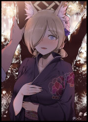 Rule 34 | 1girl, animal ears, black kimono, blonde hair, blue archive, blue eyes, breasts, dog ears, extra ears, flower, hair flower, hair ornament, hair over one eye, halo, inu (aerodog), japanese clothes, kanna (blue archive), kimono, large breasts, long hair, long sleeves, looking at viewer, obi, open mouth, ponytail, sash, sharp teeth, solo focus, teeth, wide sleeves