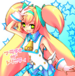 Rule 34 | arc system works, bell, blazblue, blazblue: continuum shift, blonde hair, blush, cowbell, gloves, green eyes, heart, long hair, open mouth, platinum the trinity, shi0304, skirt, smile, star (symbol), twintails, v, very long hair