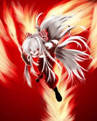 Rule 34 | 1girl, artist request, boots, female focus, fire, floating, fujiwara no mokou, full body, hair ribbon, hand in pocket, highres, inuyori, lips, long hair, long sleeves, pants, red eyes, red theme, ribbon, smile, solo, touhou