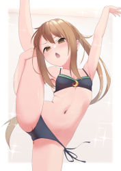 Rule 34 | 1girl, bikini, black bikini, breasts, brown eyes, brown hair, chestnut mouth, commentary, crescent, crescent pin, fumizuki (kancolle), highres, kantai collection, long hair, looking at viewer, ponytail, sakieko, side-tie bikini bottom, simple background, small breasts, solo, split, standing, standing on one leg, standing split, swimsuit, white background