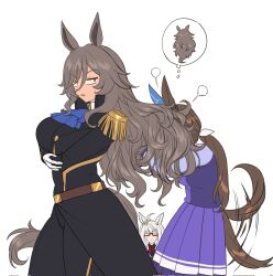 Rule 34 | 3girls, admire vega (umamusume), afterimage, ahoge, animal ears, arms under breasts, ascot, belt, biwa hayahide (umamusume), black coat, blue ascot, blue eyes, bow, brown hair, coat, commentary, cowboy shot, curly hair, ear covers, epaulettes, fukuro (maruaru00), glasses, gloves, hair between eyes, highres, horse ears, horse girl, horse tail, long hair, long sleeves, low ponytail, military uniform, multiple girls, naval uniform, opaque glasses, perry steam (umamusume), pleated skirt, puff of air, purple skirt, red-framed eyewear, sailor collar, sailor shirt, school uniform, semi-rimless eyewear, shirt, sidelocks, sideways glance, simple background, single ear cover, skirt, sweatdrop, tail, tail wagging, thought bubble, tracen school uniform, umamusume, umamusume: beginning of a new era, uniform, white background, white bow, white gloves, winter uniform