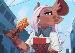 Rule 34 | 1girl, 4others, absurdres, body fur, bow, bowtie, bright pupils, brown fur, building, cheese, claws, eating, eyelashes, fewer digits, food, furry, furry female, hair over one eye, highres, holding, holding food, hyena ears, hyena girl, kadim, multiple others, original, outdoors, pawpads, purple eyes, shirt, short sleeves, solo focus, steam, upper body, white hair, white pupils, white shirt