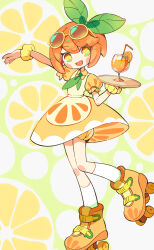Rule 34 | 1girl, :d, absurdres, apron, arm up, artist name, bloomers, bow, collared dress, commentary request, cup, dress, drinking straw, eyewear on head, food, food-themed background, fruit, full body, gaogao (gaogaomegu), garnish, green neckerchief, hair bow, hair ornament, highres, holding, holding tray, kneehighs, leaf, leaf hair ornament, looking at viewer, neckerchief, open mouth, orange (fruit), orange dress, orange eyes, orange footwear, orange hair, orange slice, original, outstretched arm, personification, puffy short sleeves, puffy sleeves, roller skates, scrunchie, short hair, short sleeves, skates, smile, socks, solo, standing, sunglasses, symbol in eye, tray, underwear, waitress, white socks, wrist scrunchie, yellow-framed eyewear, yellow scrunchie