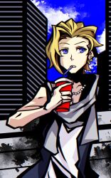 Rule 34 | 1boy, black vest, blue eyes, blue sky, brown hair, city, cloud, drink, drinking straw, furesawa tousai, grey scarf, highres, holding, holding drink, jewelry, leaning back, male focus, necklace, outdoors, pearl necklace, scarf, shin subarashiki kono sekai, shirt, sky, solo, solo focus, subarashiki kono sekai, undercut, upper body, vest, white shirt