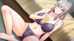 Rule 34 | 1girl, alcohol, bed, bedroom, beer, bikini, blush, bow, bow bra, bra, breasts, brown eyes, brown hair, collarbone, cup, dutch angle, female focus, holding, holding cup, indoors, large breasts, light brown hair, lingerie, long hair, navel, panties, shiny skin, sidelocks, sitting, solo, swimsuit, toes, underwear, underwear only