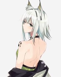 Rule 34 | 1girl, animal ear fluff, animal ears, arknights, back, back focus, backless dress, backless outfit, bare back, bare shoulders, black choker, blush, breasts, choker, commentary, dress, english commentary, from behind, green dress, green eyes, grey background, hair intakes, highres, kal&#039;tsit (arknights), looking at viewer, looking back, material growth, oripathy lesion (arknights), pokarii zuu, short hair, silver hair, simple background, small breasts, solo, upper body