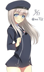 Rule 34 | 10s, 1girl, a.a (aa772), alternate hair length, alternate hairstyle, bad id, bad nicoseiga id, blonde hair, blue eyes, clothes writing, dress, hat, kantai collection, sailor collar, sailor dress, sailor hat, simple background, solo, twitter username, wavy mouth, z1 leberecht maass (kancolle)