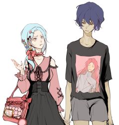 Rule 34 | 1boy, 1girl, alternate costume, black shirt, black skirt, blue bow, blue eyes, blue hair, bow, breasts, character print, chinese commentary, choker, commentary request, cross-laced clothes, cross-laced sleeves, dark blue hair, earrings, enomoto noa, frilled choker, frilled shirt collar, frilled sleeves, frills, grey shorts, hair between eyes, hair bow, hair ornament, hair ribbon, hand up, hatsutori hajime, heart, heart hair ornament, height difference, highres, hua (qingmeiranshuangxue), itabag, jewelry, jirai kei, light blue hair, low ponytail, medium breasts, multiple hair bows, open mouth, parted bangs, parted lips, pink shirt, red bag, red bow, red choker, red ribbon, ribbon, saibou shinkyoku, shirt, shorts, side ponytail, simple background, skirt, star (symbol), star earrings, star hair ornament, t-shirt, utsugi noriyuki, white background, yellow bow