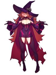 Rule 34 | 1girl, absurdres, black footwear, black sclera, blazblue, breasts, cape, cleavage, colored sclera, commentary, commission, detached sleeves, distr, dress, english commentary, full body, gloves, hair over one eye, hat, high heels, highres, konoe a. mercury, large breasts, long hair, long sleeves, looking at viewer, one eye covered, orange eyes, pink hair, purple dress, purple gloves, purple hat, purple thighhighs, red cape, short dress, simple background, sleeveless, sleeveless dress, solo, standing, thighhighs, white background, wide sleeves, witch, witch hat