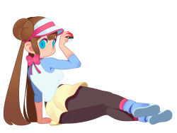 Rule 34 | 1girl, absurdres, ass, black pantyhose, blue eyes, breasts, brown hair, closed mouth, creatures (company), double bun, doughnut hair bun, game freak, hair bun, highres, holding, holding poke ball, looking at viewer, lying, medium breasts, monster l (hochihochiha), nintendo, on side, pantyhose, pantyhose under shorts, poke ball, pokemon, pokemon bw2, raglan sleeves, rosa (pokemon), shorts, simple background, solo, twintails, visor cap, white background, yellow shorts