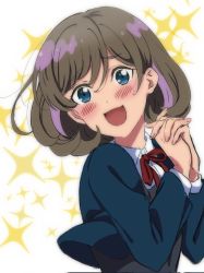 Rule 34 | 1girl, blue eyes, blue jacket, blush, cropped jacket, grey hair, highres, jacket, love live!, love live! superstar!!, own hands clasped, own hands together, parted bangs, red neckwear, red ribbon, ribbon, school uniform, short hair, solo, tang keke, yuigaoka school uniform