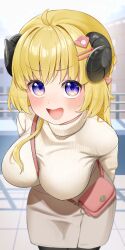 Rule 34 | 1girl, ahoge, alternate costume, animal ears, arms behind back, bag, between breasts, black horns, black pantyhose, blonde hair, blue eyes, blurry, blurry background, blush, breasts, brown skirt, building, commentary request, curled horns, day, hair ornament, hairclip, highres, hololive, horns, large breasts, leaning forward, leo (f mmmnkm paint), long hair, looking at viewer, open mouth, outdoors, pantyhose, pink bag, railing, ribbed sweater, sheep ears, sheep girl, sheep horns, shoulder bag, skirt, smile, solo, strap between breasts, sweater, tongue, tsunomaki watame, turtleneck, turtleneck sweater, virtual youtuber, white sweater