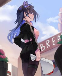 Rule 34 | 1girl, absurdres, alternate costume, ass, black jacket, blue eyes, blue hair, breasts, commentary, cross, cross earrings, day, earrings, english commentary, flower, gift, hair between eyes, hair intakes, happy valentine, high heels, highres, hololive, hololive english, jacket, jewelry, koizumi arata, large breasts, lip ring, long hair, long sleeves, looking at viewer, looking back, ouro kronii, pantyhose, red flower, red rose, rose, skirt, solo, valentine, virtual youtuber