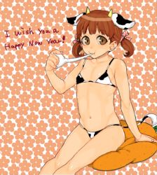 Rule 34 | 1girl, animal print, atlus, bikini, cow girl, cow print, doujima nanako, flat chest, happy new year, horns, new year, persona, persona 4, solo, swimsuit