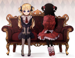 Rule 34 | 2girls, bad id, bad pixiv id, black bow, black dress, blonde hair, blue eyes, blue footwear, bow, chair, closed mouth, commentary request, couch, dress, emilico (shadows house), facing viewer, frills, ggyoku, hair bow, juliet sleeves, kate (shadows house), long hair, long sleeves, looking at viewer, mary janes, multiple girls, puffy sleeves, red dress, red footwear, shadows house, shoes, sitting, smile, two side up, white legwear