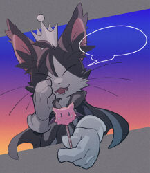 Rule 34 | black fur, border, cait sith (final fantasy), candy, cape, cat, closed eyes, coffinsmokes, crown, final fantasy, final fantasy vii, final fantasy vii rebirth, final fantasy vii remake, food, gloves, grey border, holding, holding candy, holding food, holding lollipop, lollipop, mini crown, moogle, no humans, open mouth, smile, solo, tuxedo cat, two-tone fur, upper body, white fur, white gloves