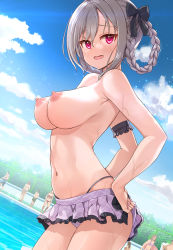 Rule 34 | 3boys, 5girls, adjusting clothes, adjusting swimsuit, arm garter, bare shoulders, bikini, bikini skirt, black bow, blue sky, blush, bow, braid, braided hair rings, breasts, cloud, day, from side, grey hair, hair bow, hair rings, highleg, highleg bikini, highres, idolmaster, idolmaster cinderella girls, kanzaki ranko, large breasts, long hair, looking at viewer, looking to the side, mk (mod0), multiple boys, multiple girls, navel, nipples, open mouth, outdoors, parted lips, pink eyes, plaid, plaid bikini, pool, purple bikini, sky, solo focus, standing, swimsuit, topless, water, wet