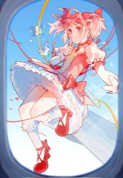 Rule 34 | 1girl, aircraft, airplane, airplane interior, blue sky, blush, bow, bubble skirt, choker, closed mouth, commentary, corrupted twitter file, day, dress, english commentary, floating hair, flying, gloves, hair bow, hand up, highres, index finger raised, kaname madoka, kneehighs, lens flare, looking at viewer, magical girl, mahou shoujo madoka magica, outstretched arm, pink bow, pink choker, pink dress, pink eyes, pink hair, puffy short sleeves, puffy sleeves, red footwear, short hair, short sleeves, short twintails, skirt, sky, socks, solo, soul gem, twintails, white gloves, white socks, window, ziyin