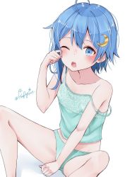 Rule 34 | 1girl, ahoge, aqua panties, asymmetrical hair, blue eyes, blue hair, blush, camisole, collarbone, crescent, crescent hair ornament, haggy, hair between eyes, hair ornament, highres, kantai collection, minazuki (kancolle), one eye closed, open mouth, panties, short hair, simple background, solo, spaghetti strap, teeth, twitter username, underwear, underwear only, upper teeth only, white background