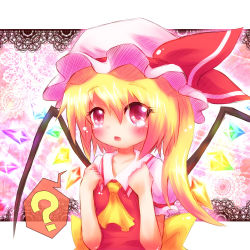 Rule 34 | 1girl, ?, ayakashi (monkeypanch), bad id, bad pixiv id, blonde hair, crying, crying with eyes open, female focus, flandre scarlet, hat, ponytail, red eyes, short hair, side ponytail, solo, tears, touhou, wings