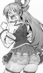 1girl absurdres aqua_(konosuba) ass detached_sleeves dress greyscale hair_ornament highres kono_subarashii_sekai_ni_shukufuku_wo! long_hair looking_at_viewer looking_back lower_teeth_only monochrome niwarhythm no_panties open_mouth short_dress simple_background solo teeth thighhighs thighs white_background