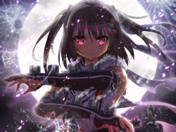 Rule 34 | 10s, 1girl, brown eyes, brown hair, bullet hole, full moon, gloves, glowing, glowing eyes, headband, highres, kantai collection, ke, looking at viewer, matanonki, moon, personification, red eyes, scarf, school uniform, sendai (kancolle), sendai kai ni (kancolle), short hair, smile, smirk, smoke, solo, torn clothes, translation request, twintails, two side up