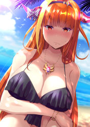 Rule 34 | 1girl, alternate costume, arm under breasts, beach, bikini, black bikini, blonde hair, blush, bow, bracelet, breasts, cleavage, cloud, diagonal-striped bow, dragon horns, embarrassed, gem, hairband, hololive, horns, jewelry, kiryu coco, large breasts, leaf, long hair, ocean, orange hair, outdoors, pendant, pony r, red eyes, sand, sky, solo, striped, striped bow, sunlight, swimsuit, virtual youtuber