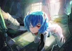 Rule 34 | 1girl, ayanami rei, bad id, bad pixiv id, bandage over one eye, bed, blue hair, hair ornament, hospital bed, intravenous drip, neon genesis evangelion, pillow, plugsuit, red eyes, short hair, solo, sunlight, zhuxiao517