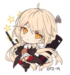 Rule 34 | 1girl, :&lt;, ahoge, assault rifle, bad id, bad twitter id, black footwear, black jacket, black neckerchief, boots, braid, bullpup, chibi, closed mouth, collared shirt, commentary, cross-laced footwear, english commentary, full body, girls&#039; frontline, gun, hair between eyes, hitsukuya, jacket, knee boots, lace-up boots, light brown hair, long hair, looking at viewer, low twintails, name connection, neckerchief, object namesake, orange eyes, ots-14 (girls&#039; frontline), ots-14 groza, pleated skirt, red thighhighs, rifle, scope, shirt, simple background, skirt, solo, star (symbol), striped clothes, striped thighhighs, suppressor, thighhighs, twintails, vertical-striped clothes, vertical-striped thighhighs, very long hair, weapon, white background, white shirt, white skirt