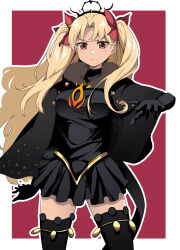 Rule 34 | 1girl, absurdres, black cape, black dress, black gloves, black thighhighs, blonde hair, blush, border, cape, closed mouth, commentary request, dark-skinned female, dark skin, dress, ereshkigal (fate), ereshkigal alter (fate), fate/grand order, fate (series), fur-trimmed cape, fur trim, gloves, hair ribbon, highres, long hair, long sleeves, looking at viewer, outside border, parted bangs, red background, red eyes, red ribbon, ribbon, simple background, solo, tanuki (siutkm0228), thighhighs, two side up, very long hair, white border