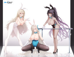 Rule 34 | 3girls, absurdres, akane (blue archive), akane (bunny) (blue archive), animal ears, asuna (blue archive), asuna (bunny) (blue archive), black footwear, black hair, black leotard, black pantyhose, blonde hair, blue archive, blue bow, blue bowtie, blue leotard, blue ribbon, blush, bow, bowtie, breasts, breasts out, censored, chinese commentary, cleavage, cleft of venus, clothing cutout, collarbone, copyright name, dark-skinned female, dark skin, detached collar, fake animal ears, fishnet pantyhose, fishnets, forehead, full body, glasses, gloves, grin, hair between eyes, hair over one eye, hair ribbon, hands up, heart cutout, high heels, high ponytail, highleg, highleg leotard, highres, kanon (sinto), karin (blue archive), karin (bunny) (blue archive), large breasts, leaning forward, legs apart, legs together, leotard, long hair, looking at viewer, m legs, multicolored hair, multiple girls, nipples, official alternate costume, pantyhose, parted bangs, playboy bunny, purple hair, pussy, reflective floor, ribbon, sagging breasts, shadow, side-tie leotard, simple background, slit pupils, smile, squatting, standing, strapless, strapless leotard, streaked hair, thighband pantyhose, thighs, very long hair, white background, white footwear, white gloves, white leotard, white pantyhose, wrist cuffs, yellow eyes