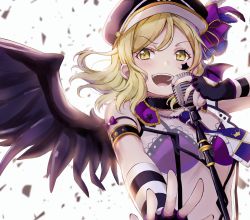 Rule 34 | 1girl, :d, armlet, black choker, black gloves, black nails, blonde hair, bra, choker, confetti, demon wings, elbow gloves, facial mark, fingerless gloves, gloves, hat, hat feather, hat ribbon, highres, holding, holding microphone, love live!, love live! school idol festival, love live! sunshine!!, medium hair, mia (fai1510), microphone, microphone stand, nail polish, necktie, ohara mari, open mouth, outstretched arm, peaked cap, punk rock, purple bra, purple ribbon, ribbon, see-through, smile, solo, star (symbol), striped clothes, striped gloves, teeth, underwear, upper body, upper teeth only, v-shaped eyebrows, wings, yellow eyes