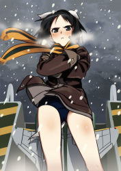 Rule 34 | 10s, 1girl, animal ears, bandaid, bandaid on face, black eyes, black hair, body blush, brave witches, breath, crossed arms, kanno naoe, looking down, ningen (ningen96), ningen (ningen (96), scarf, short hair, snow, snowing, solo, standing, strike witches, striped clothes, striped scarf, wind, world witches series