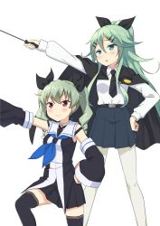 Rule 34 | 10s, 2girls, absurdres, anchovy (cosplay), anchovy (girls und panzer), belt, belt buckle, black dress, black necktie, blue eyes, blue neckerchief, blue skirt, blush, buckle, cape, choker, cosplay, costume switch, crossover, detached sleeves, dress, girls und panzer, green hair, hair between eyes, hair flaps, hair ornament, hair tie, hairclip, highres, kantai collection, kneeling, long sleeves, miyabeeya, multicolored clothes, multicolored dress, multiple girls, neckerchief, necktie, pantyhose, pleated dress, pleated skirt, purple eyes, riding crop, shirt, simple background, skirt, smile, standing, thighhighs, trait connection, twintails, white background, white legwear, white shirt, wide sleeves, yamakaze (kancolle), yamakaze (kancolle) (cosplay)
