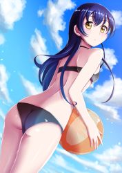 Rule 34 | 1girl, bad id, bad twitter id, ball, beachball, bikini, black bikini, blue hair, blush, breasts, buckle (artist), closed mouth, commentary request, cowboy shot, day, from behind, hair between eyes, highres, holding, holding ball, long hair, looking back, love live!, love live! school idol project, marine day, small breasts, smile, solo, sonoda umi, standing, swimsuit, yellow eyes