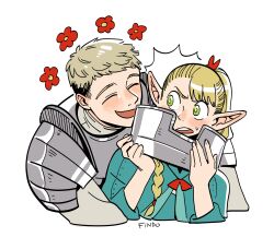 Rule 34 | 1boy, 1girl, ^ ^, absurdres, armor, blonde hair, blue capelet, blush, braid, breastplate, capelet, closed eyes, commentary, dungeon meshi, ear blush, elf, findoworld, flower (symbol), gorget, green eyes, highres, laios touden, light blush, marcille donato, pauldrons, plate armor, pointy ears, ponytail, red ribbon, ribbon, shirt, shoulder armor, signature, single braid, surprised, sweatdrop, white background, white shirt
