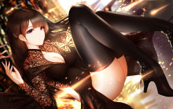 Rule 34 | 1girl, absurdres, an yasuri, black dress, black footwear, black hair, blunt bangs, blurry, blurry background, boots, breasts, bug, butterfly, cleavage, cleavage cutout, clothing cutout, commentary request, concealed weapon, dress, floating, hair ornament, hair ribbon, hairclip, high heel boots, high heels, highres, insect, knees up, large breasts, looking at viewer, medium breasts, original, purple eyes, purple ribbon, revision, ribbon, sidelocks, solo, suspension, thigh boots, thighhighs, thighs, weapon