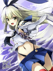 Rule 34 | 10s, 1girl, anchor, black panties, blonde hair, blue skirt, blush, breasts, commentary request, cowboy shot, crop top, crop top overhang, dutch angle, elbow gloves, foreshortening, gloves, hairband, highleg, highleg panties, kantai collection, long hair, looking at viewer, midriff, miniskirt, navel, neckerchief, open mouth, panties, pleated skirt, pointing, pointing at viewer, red thighhighs, school uniform, serafuku, shimakaze (kancolle), sidelocks, signature, sketch, skirt, sleeveless, small breasts, smile, solo, stomach, thighhighs, tirotata, underwear, white gloves, yellow eyes