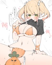Rule 34 | 1girl, arm support, bikini, black shirt, blonde hair, blush, breast press, breasts, censored, character censor, clothes in mouth, clothes lift, commentary request, curvy, flower, green eyes, groin, hair flower, hair ornament, hairclip, highres, hololive, kuma no bansoukou, large breasts, lifted by self, looking at viewer, medium hair, micro bikini, momosuzu nene, mouth hold, navel, nekko (momosuzu nene), nervous sweating, novelty censor, official alternate hair length, official alternate hairstyle, orange bikini, ribbon, shirt, shirt in mouth, shirt lift, side-tie bikini bottom, skirt, skirt set, solo, string bikini, sweat, sweatdrop, swimsuit, t-shirt, translation request, twintails, very sweaty, virtual youtuber, wide hips, wrist ribbon