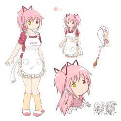 Rule 34 | 10s, 1girl, alternate hairstyle, apron, blush, bow, breasts, casual, earrings, flying sweatdrops, hairband, heterochromia, jewelry, kaname madoka, long hair, looking at viewer, mahou shoujo madoka magica, mahou shoujo madoka magica (anime), multiple views, oman (evld), pink eyes, pink hair, ponytail, ribbon, short twintails, stud earrings, twintails, two side up, yellow eyes