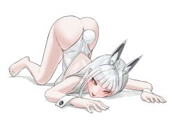 Rule 34 | 1girl, :d, animal ears, ass, barefoot, blanc (nikke), blush, breasts, goddess of victory: nikke, highres, k.uncomfortable, leotard, long hair, medium breasts, open mouth, playboy bunny, rabbit ears, smile, solo, top-down bottom-up, white hair, wrist cuffs, yellow eyes