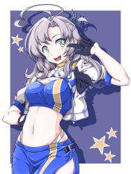 Rule 34 | 1girl, 547th sy, \m/, antenna hair, bandeau, black gloves, blue bandeau, blue skirt, breasts, cleavage, cosplay, cowboy shot, crop top, cropped jacket, gloves, gotland (kancolle), gotland (kancolle) (cosplay), green eyes, grey hair, hair tie, highres, jacket, kantai collection, kinugasa (kancolle), kinugasa kai ni (kancolle), medium breasts, miniskirt, one side up, open mouth, purple background, race queen, ribbon, simple background, skirt, smile, solo, star (symbol), two-tone background, white background