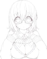 Rule 34 | 1girl, blush, bra, breasts, clothes lift, glasses, greyscale, highres, kou mashiro, large breasts, lifting own clothes, lineart, mole, mole on breast, monochrome, shirt lift, short hair, solo, sweater, sweater lift, transparent background, underwear