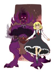Rule 34 | 1boy, 1girl, :d, absurdres, black dress, black footwear, blonde hair, blouse, border, bow, commission, crossed arms, crossover, demon, dota (series), dota 2, dress, floating, full body, grin, hair bow, highres, long sleeves, looking at viewer, necktie, open mouth, pinafore dress, polo shirt, power connection, red eyes, red necktie, rumia, shadow demon (dota), shirt, shoes, short hair, sleeveless dress, smile, teeth, thek40, touhou, white border, white legwear, white shirt