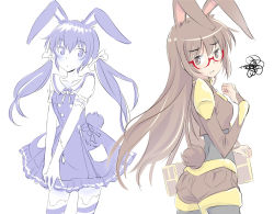 Rule 34 | 1girl, animal ears, blush, rabbit ears, rabbit tail, dual persona, embarrassed, glasses, highres, iesupa, rwby, solo, tail, twintails, velvet scarlatina