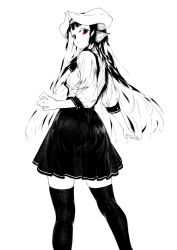 Rule 34 | 1girl, black hair, black skirt, black thighhighs, blunt bangs, commentary request, cropped legs, floating hair, frown, greyscale, highres, horned girl (jaco), horns, jaco, looking at viewer, looking back, monochrome, original, outstretched arms, pleated skirt, pointy ears, red eyes, short sleeves, simple background, skindentation, skirt, thighhighs, white background, zettai ryouiki