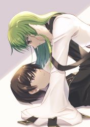 Rule 34 | 1boy, 1girl, black hair, black jacket, brown eyes, c.c., code geass, couple, eye contact, girl on top, green hair, grey background, hand in another&#039;s hair, jacket, lelouch vi britannia, long hair, long sleeves, looking at another, lying, nanase (nns 6077), on back, parted lips, profile, purple eyes, short hair, sleeves past fingers, sleeves past wrists, two-tone background, white background